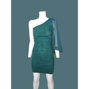 Hello Molly One-Sheer Shoulder Emerald Green Ruched Bodycon Dress - Women 6